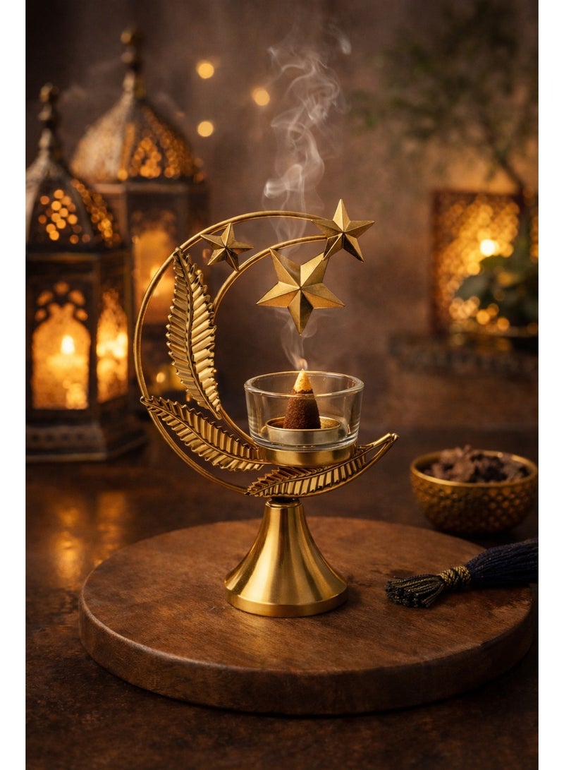 Metal Decorative Bakhoor Burner With Glass Holder – Crescent & Stars Design – Ramadan & Home Decor – Height 20 Cm (6.5 × 6.5 Cm Base – 15 Cm Top Width) - Image 1